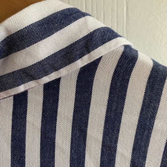 Navy blue and white stripped button down shirt with faux shell buttons. - Picture 8 of 8